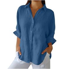 TangSheng Dressy Casual Summer Tops Casual Short Sleeve Shirts Women's tops are made of high-quality soft fabrics that are comfortable, lightweight, skin-friendly, and stretchy to fit. Cute women's tops that are lightweight, soft and comfortable to wear. This women's summer shirt is perfect for those warm summer days and will quickly become a staple in your wardrobe. Embrace the fusion of style and ease to make a statement wherever you go. You can match this fashionable summer women's short slee Casual Oversized Button-up Blouse, Cotton Button-up Shirt For Beach Season, Blue Button-down Shirt For Vacation, Oversized Button-up Top For Casual Gatherings, Cheap Oversized Button-up Blouse, Long Sleeve Work Dress, Long Sleeve Workout Shirt, Business Casual Blouse, Vacation Clothing