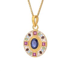 What a luxurious combination! Picture a pendant featuring the deep blue allure of blue sapphire contrasted with the fiery red brilliance of rubies, all accented with delicate enamel work. Sterling silver has been 2.5 micron gold plated Sapphire, 1 pcs, 1.70 cts. Ruby, 4 pcs, 0.40 cts. Natural Gemstones; Sapphire & Ruby have been treated for better color Length - 30 mm Width - 18 mm 17" chain Yellow Gold Enamel Oval Pendant Jewelry, Luxury Oval Pendant Enamel Jewelry, Luxury Enamel Oval Pendant Jewelry, Yellow Gold Enamel Oval Pendant Necklaces, Blue Enamel Oval Pendant Jewelry, Blue Oval Enamel Necklace, Luxury Enamel Round Pendant Jewelry, Sapphire Pendant Necklace With Hallmark, Gold Sapphire Necklace Hallmarked