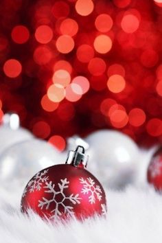 two red christmas ornaments sitting on top of snow covered ground with lights in the background