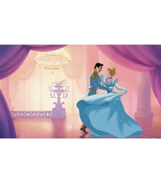 a man and woman dressed as princesses dancing in front of a chandelier