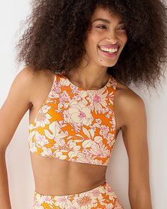 J.Crew: Crop Swim Top In Orange Floral For Women Surfer Swimwear, Crop Swim Top, Floral Halter Top, Modest Swimwear, Water Sport, Swimmers, Swim Top, Bike Shorts, Womens Swimwear