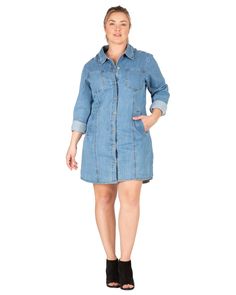 Rock this plus-size dress with your favorite knee-high boots and leather clutch to your next outdoor event. Knee-length Denim Mini Dress For Fall, Fall Knee-length Denim Mini Dress, Casual Button-up Mini Dress In Medium Wash, Casual Medium Wash Button-up Mini Dress, Fall Mini Length Denim Dress With Relaxed Fit, Medium Wash Knee-length Mini Dress With Buttons, Medium Wash Knee-length Denim Dress For Fall, Spring Medium Wash Button-up Mini Dress, Knee-length Medium Wash Denim Dress For Fall