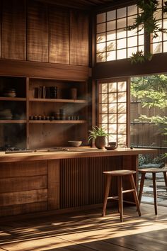 Japanese kitchen essentials highlighting precision knives and bamboo steamers Asian Kitchen Design Small Spaces, Japanese Wood Kitchen, Japanese Outdoor Kitchen, Japanese Wood Interior, Japan Style Kitchen, Japanese Condo Interior, Japanese Interior Design Kitchen, Japanese Kitchen Traditional, Cute Kitchen Design