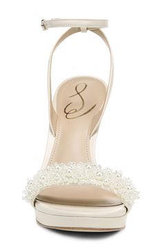 A rhinestone strap and slender heel elevate this shimmering sandal that's a must-have in your trendsetting wardrobe. 4 3/4" heel; 3/4" platform (size 8.5) Leather upper/synthetic lining and sole Imported Bridal Heels Comfortable, Bride Shoes Wedding Heels, Brides Heels, Wedding Sandals Flat, Wedding Platform, Pearl Heels, Flat Sandals Wedding, Wedding Fits, Bride Heels