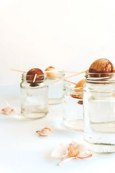 three glass jars filled with food on top of a table