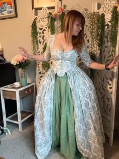 Sage green/white 18th century gown. Made with lightweight cotton fabric.  Misses size 10 Bust 36" Waist 32" Height 5'5" Listing includes petticoat and robe gown. Medieval Cottagecore, 1700s Dresses, 1700s Fashion, 18th Century Gown, 18th Century Dress, Womens Costumes, 18th Century Fashion, Fantasy Closet, Diy Sewing Clothes