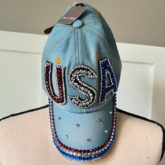 Falls Creek Light Wash Denim Distressed Bejeweled Usa Ball Cap Hat Nwt. America. Memorial Day. Labor Day. 4th Of July. Any Day Pride Wear. Red White Blue. Yellow. Black Faux Leather Strap Adjustable. Casual Cap With Rhinestones, Trendy Rhinestone Hats For Spring, Casual Rhinestone Cap, Casual Rhinestone Hat, One Size Fits Most, Casual Rhinestone Hat, One Size, Casual Rhinestone Hat One Size Fits Most, Casual Rhinestone Hat, Pride Wear, Falls Creek