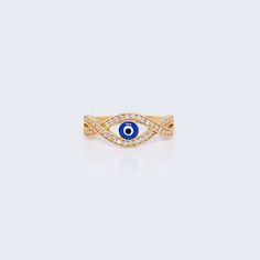 Elevate your style with our 14K Gold Infinity Evil Eye Ring. Featuring a mesmerizing evil eye design adorned with sparkling CZ stones, this ring is truly one-of-a-kind. Crafted from luxurious 14K gold, it symbolizes eternal protection and adds a touch of sophistication to any outfit. Step into the world of elegance and luxury. Details: Metal: 14K Gold Face Size(mm): 7 Item #: 14KWR1-40 Elegant Evil Eye Rings As Gift, Round Cubic Zirconia Ring With Diamond Eyes, Elegant Evil Eye Rings, Luxury Details, Evil Eye Design, Gold Face, Evil Eye Ring, Yellow Stone, Eye Ring