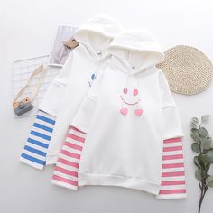 Product ID: JW4920 
 Material: Cotton 
 Color: Blue, White 
 Size Info: 
 One Size: Bust 114 cm, Length 61 cm, Sleeve 42 cm www.ccovv.com Face Print, Smiling Face, Striped Sleeve, Winter Colors, Pink Hoodie, Smile Face, Diy Clothes, Suits You, Blue White