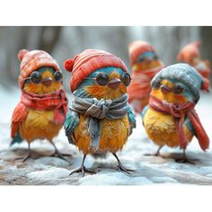 five small birds wearing hats and scarves on their heads, standing in the snow