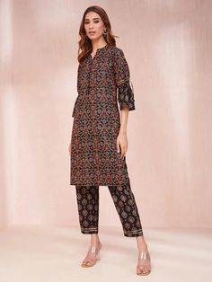 Black Cotton Ethnic Motif Print Kurta Trouser Set Comfortable Trousers, Black Kurta, Contemporary Elements, Palazzo Suit, Cotton Kurta, Printed Trousers, Mandarin Collar, Straight Cut, Fabric Cotton