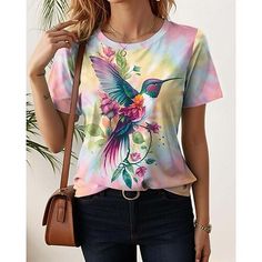 Category:T-shirt; Season:Summer; Fabric:Polyester; Sleeve Length:Short Sleeve; Gender:Women's; Style:Hawaiian; Elasticity:Micro-elastic; Tops Type:T Shirt; Occasion:Vacation; Top Length:Regular Tops; Pattern:Bird,Tie Dye; Neckline:Crew Neck; Brand:Shall We; Listing Date:03/29/2024; Bust:null; Length:null; Sleeve:null; Fit US Size:null; Fit UK Size:null; Fit EU Size:null Multicolor Hawaiian T-shirt For Summer, Trendy Multicolor Print T-shirt For Summer, Bohemian Multicolor T-shirt For Beach, Multicolor Bohemian T-shirt For The Beach, Multicolor Floral Print T-shirt For Summer, Multicolor Short Sleeve Hawaiian T-shirt, Bohemian Multicolor T-shirt For Vacation, Multicolor Printed T-shirt For Summer, Multicolor Print Summer T-shirt