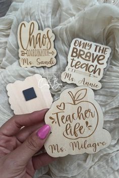 three wooden teacher appreciation magnets with the words class, graduation and mrs sandi