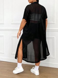 Plus Size Semi-Sheer Vacation Style Long Shirt With Side Slit And Front Button Closure Black Casual  Short Sleeve Chiffon Plain Shirt Non-Stretch  Women Plus Clothing, size features are:Bust: ,Length: ,Sleeve Length: Kimono Outfits, Plus Size T Shirt, Plain Shirt, Plain Shirts, Vacation Style, Kids Sleepwear, Plus Size Blouses, Long Shirt, Plus Size T Shirts