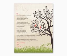 a tree with two birds sitting on it's branches and the poem written in red