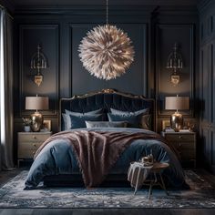 a bedroom with dark blue walls and gold accents