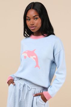 Sweet like candy and perfectly cozy, the Tyler McGillvary Orca Light Blue and Pink Crew Neck Graphic Sweater is ready to brighten up everyone's day! Lightweight sweater knit, in hues of light pink and blue, shapes a crew neckline and long sleeves with drop shoulders. The relaxed, pullover bodice boasts an ultra-cute orca graphic at the front. Ribbed knit accents the neckline, cuffs, and hem. Fit: This garment fits true to size. Length: Size medium measures 21.5" from shoulder to hem. Bust: Great Orca Graphic, Pink Crew Neck, Sweet Like Candy, Graphic Sweaters, Pink Crewneck, Lightweight Sweater, Blue And Pink, Sweater Knit, Pink Sweater