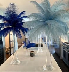 two tall vases filled with blue feathers sit on a counter in front of an oven