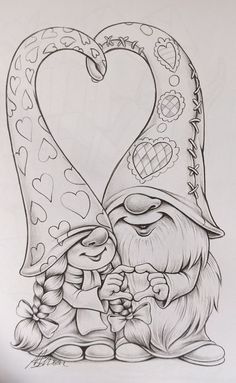 a black and white drawing of an gnome holding a heart