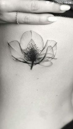 a black and white photo of a woman's stomach with a flower on it