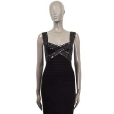 For Sale on 1stDibs - 100% authentic Herve Leger sleeveless bandage dress in black rayon (90%), nylon (9%) and spandex (1%). Embellished with black sequins on the front and Bandage Dress Bodycon, Herve Leger, Bandage Dress, Black Sequins, Criss Cross, Day Dresses, Bodycon Dress, Spandex, For Sale