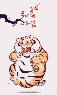 a cartoon tiger holding a drink in its paws and sitting on top of a tree branch