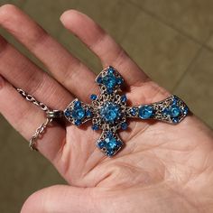 Blue Cross Necklace Long Necklace Decent Size. Excellent Quality Brand New. Never Worn Blue Sterling Silver Costume Jewelry, Blue Costume Jewelry In Sterling Silver, Light Blue Metal Jewelry For Gifts, Light Blue Metal Necklace For Gift, Blue Cross Necklace As Gift, Blue Nickel-free Costume Jewelry, Blue Cross, Necklace Long, Blue And Silver