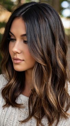 Dark Fall Hair Colors for Brunettes Long with Soft Ringlet Curls 💕 Balayage For Long Brown Hair, Dark Roots To Light Brown Hair, Balayage For Fall Brunettes, Dark Brown Hair With Caramel Peekaboos, Brunette Hair With Fall Highlights, Fall Balayage For Black Hair, Fall Brunette Hair Medium Length, Low Lights Brown Hair Dark, Dark Brown Hair With Highlights Fair Skin