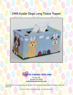 a tissue box with two dogs on it and the words, easter dogs long tissue topper