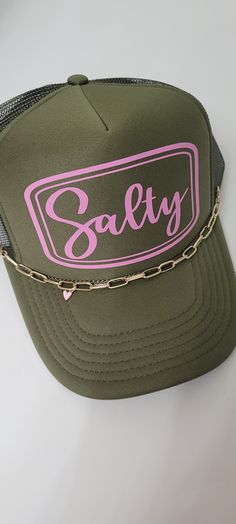 Salty sisters we are here for you!  Show some beach and sun love with this cute hat. Let people know you're salty in the best way! Beautiful handmade trucker hat with a fun bubblegum pink vinyl. Otto Brand hats. Other hat and vinyl color options available. Reach out via messages. Chain sold separately. Hat Chain, Pink Vinyl, Cute Hat, Cute Hats, Bubblegum Pink, Vinyl Colors, Trucker Cap, Trucker Hat, Color Options