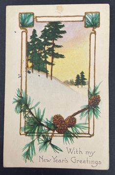 an old fashioned christmas card with pine cones