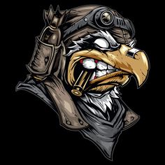 an eagle wearing a helmet with a gas mask on it's head and holding a pipe