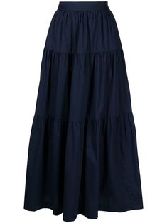 high-waisted tiered midi skirt from STAUD featuring gathered detailing, side zip fastening, high-waisted, tiered skirt, mid-length, straight hem, navy blue and stretch-cotton. Navy Blue Long Skirt, Navy Blue Maxi Skirt, Skirt Png, Long Blue Skirts, Blouse Outfit Casual, Long Silk Skirt, Blue Maxi Skirt, Tulle Maxi Skirt, Maxi Outfits