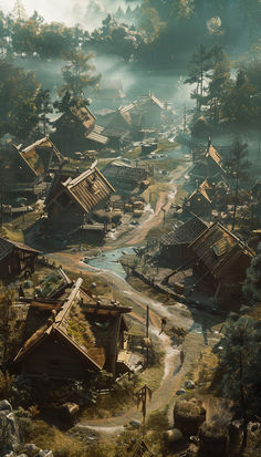 an aerial view of a village in the woods