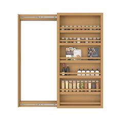 an open wooden cabinet with spices and condiments on the shelves, isolated against a white background