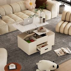 a living room with a couch, coffee table and teddy bear