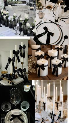 black and white wedding decor with candles, plates, napkins and place settings on the table