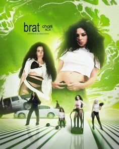 an advertisement for the brand brat, featuring two women in front of a green background