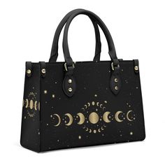 Mystical Boho Moon Phases Cute PU Leather Handbag, Cottagecore PU Leather Purse, Vegan Leather Luxury Boho Bag, Cute Witchy Purse * PU Main material for ladies fashion handbag tote bag * All-Over Printing.  * Smooth zipper and all over printing customized style * Main compartment design with two top handles maintains balance * Two Side pockets and without adjustable shoulder strap bag * Great gifts for girls and mom ,also good use for office, travel * Suitable for school, travel or business. The