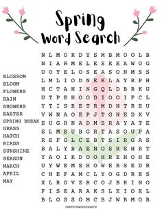 the spring word search is shown with pink flowers