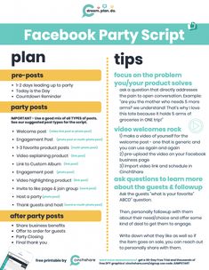 the facebook party script is shown in blue and yellow, with instructions for how to use it