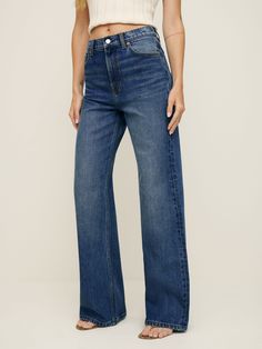 Tell your legs.  Shop the Cary Stretch High Rise Slouchy Wide Leg Jeans from Reformation, a high-rise, loose wide leg jean with a zip fly closure. Vacation Clothing, Work Wear Outfits, High Rise Wide Leg Jeans, Denim Day, Vintage Inspired Dresses, Inspired Dress, New Tops, Sustainable Clothing, Linen Clothes