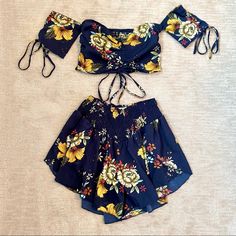 Nwot Never Worn 2-Piece Playsuit Includes A Crop Top With Short Sleeves And Flowy Shorts Multicolor Two-piece Beach Bottoms, Multicolor Two-piece Bottoms For Summer, Fitted Casual Set For Vacation, Two-piece Summer Vacation Bottoms, Yellow Two-piece Bottoms For Spring, Summer Vacation Two-piece Bottoms, Summer Two-piece Blue Set, Sleeveless Blue Sets For Beach Season, Blue Two-piece Set For Summer