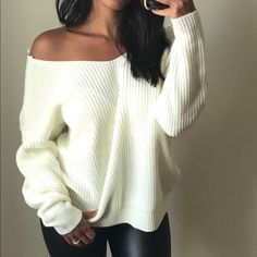 Our Favorite Sweater For The Long Awaited "Sweater Weather". This Gorgeous Top With A Twist Back Detail Is A Must. Ivory Twist Back Detail Can Be Worn Off-The-Shoulder Model Is Wearing A Size Small White Chunky Knit V-neck Sweater With Long Sleeves, White Chunky Knit V-neck Top, Chic White Long Sleeve V-neck Sweater, Cozy Ribbed Sweater In Winter White, Oversized Cream V-neck Sweater For Fall, Winter White Ribbed Sweater, Winter White Ribbed Sweater For Winter, Winter White V-neck Sweater For Winter, Winter White V-neck Sweater