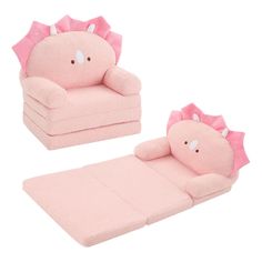 a pink couch and chair with a pillow on the bottom one is shaped like a cat