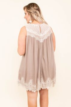 This dress is STUNNING! The latte color is so gorgeous and the lace detail at the shoulder and hem adds a feminine, romantic touch that's super stylish right now! Plus, the loose, breezy cut just secures the fact that this beauty was made for summer! Style this beauty with some fun wedges or peep-toe booties for an ultra-trendy look! Flowy Beige Dress With Lace Patchwork, Flowy Beige Dresses With Lace Patchwork, Beige Sleeveless Lace Top With Lace Trim, Brown Sleeveless Dress With Lace Trim, Sleeveless Brown Dress With Lace Trim, Flowy Beige Dress With Lace Trim, Flowy Beige Lace Mini Dress, Brown Lace Dresses With Lace Trim, Beige Summer Dress With Lace Collar