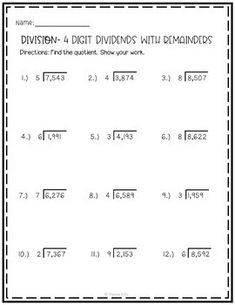 division 4 digit divide with remainders worksheet for 3rd and 4th grade students