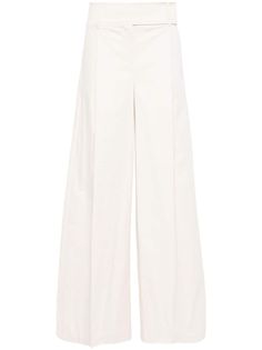 beige stretch-cotton poplin texture belt loops pleat detailing two diagonal pockets to the sides two rear welt pockets pressed crease wide leg concealed front button, hook and zip fastening Modern Cotton Wide Leg Formal Pants, Elegant Wide Leg Cotton Pants, Beige Cotton Wide Leg Pants With Belt Loops, Cotton Culottes For Workwear, Cotton Straight Leg Culottes For Work, Formal Wide Leg Cotton Bottoms, Formal Cotton Wide-leg Bottoms, Formal Cotton Wide-leg Pants, Modern Wide Leg Cotton Pants With Belt Loops