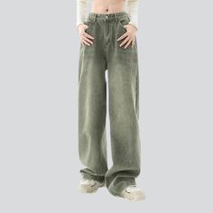 Pale green vintage baggy jeans online—cool women's jeans from the 2023 Spring-Summer collection. With street fashion, you can be sure that your outfit reflects your personality and values. Street-style denim clothes offer a unique look that allows you to express your individuality and stand out. Street-style denim clothing is comfortable and versatile, allowing you to mix and match different pieces to create unique looks. This clothing style is also easy to customize, so you can stay on trend wi Vintage Baggy Jeans, Denim Clothes, Brown Zip Ups, Oversized Jean Jacket, Oversized Jeans, Denim Clothing, Denim Patterns, Green Jeans, Glamorous Style