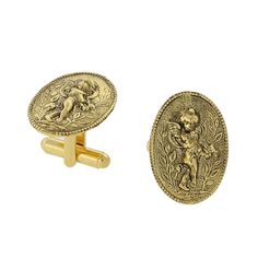 For the timeless and classic men who are bringing dress-y back! Featuring 14K gold dipped or silver tone cufflinks with a Cupid Angel in the center. A stylish pair of cufflinks that are as fun & unique as the man who wears them. They make a perfect valentines day gift for him. Silver Tone 14K Gold Dipped Measurements: 1"L x 0.75"W Made In USA 1928 Jewelry Collection From the vaults of rich European capitals to the antique laden attics of old American estates, 1928 Jewelry has created modern repl Vintage Yellow Gold Cufflinks Gift, Classic Clip-on Cufflinks For Gift, Adjustable Gold Cufflinks For Business, Vintage Gold Cufflinks For Wedding, Gold Clip-on Cufflinks For Business, Vintage Gold Cufflinks With Screw Back, Vintage Gold Cufflinks With Polished Finish, Gold Vintage Cufflinks With Polished Finish, Classic Gold Cufflinks With Polished Finish